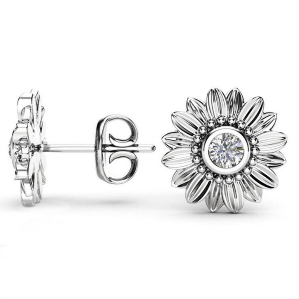 STERLING SILVER DIAMOND SUNFLOWER STUD EARRINGS - Picture 2 of 2
